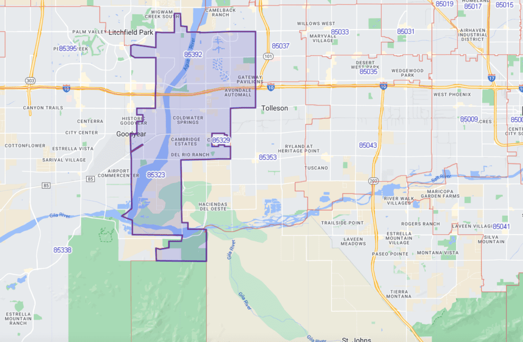 Avondale AZ Zip Code Map 85323, 85392