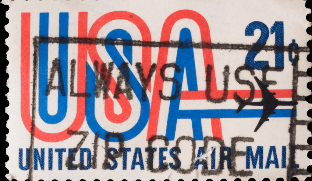 Shows the reader a postage stamp that states always use zip code on it